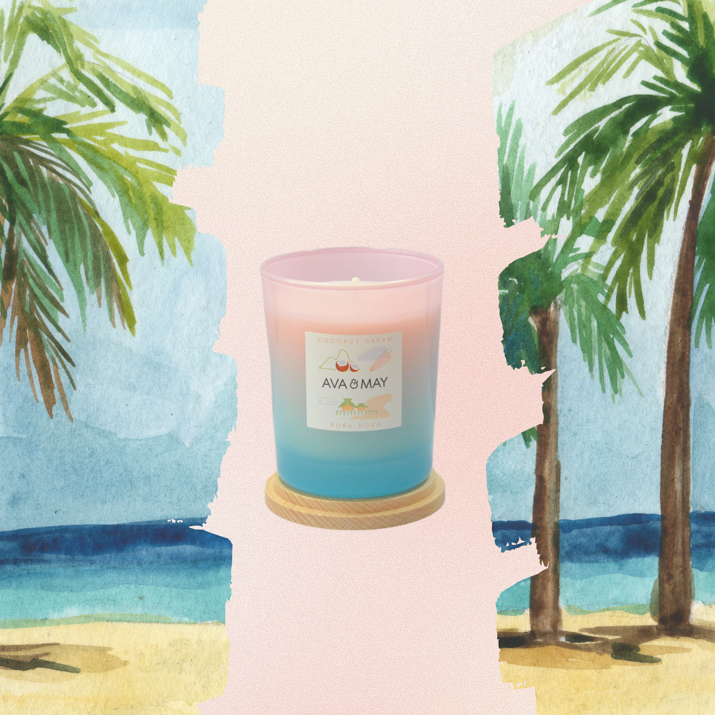 Lumânare parfumată AVA & MAY - Bora Bora, Coconut Dream, Arome de nucă de cocos, flori de frangipani și accente de vanilie, 180g