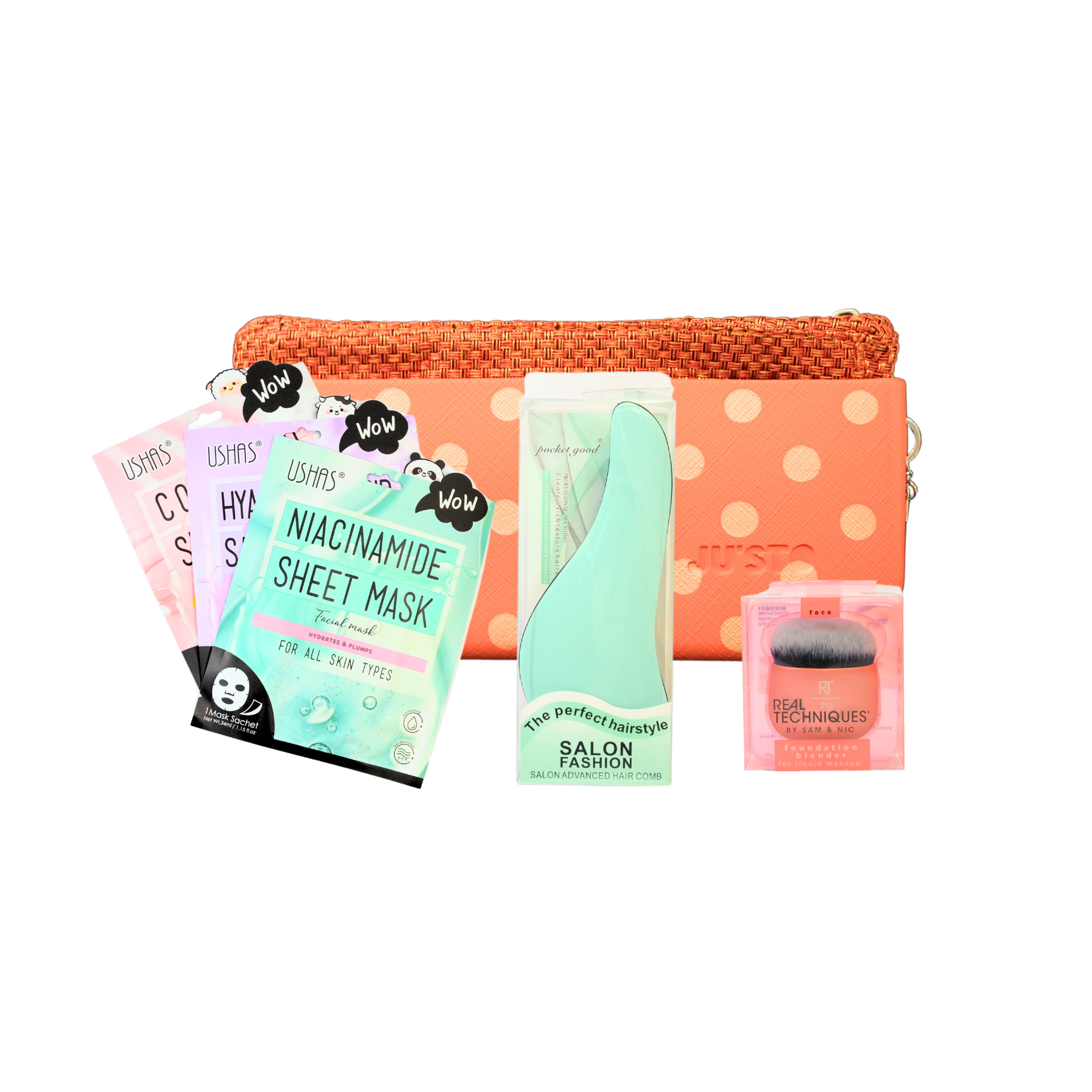 Set cadou Tangerine Bubbles, geantă, 3 măsti faciale, perie, pensulă blender